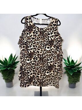 Now N Forever Black Brown Leopard Long Sleeve Blouse with Cold Shoulder 1X